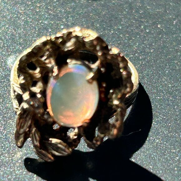 14K Genuine Opal Diamond Cocktail Ring Antiqued Cage Floral Motif Vintage Size 7 - Picture 9 of 17